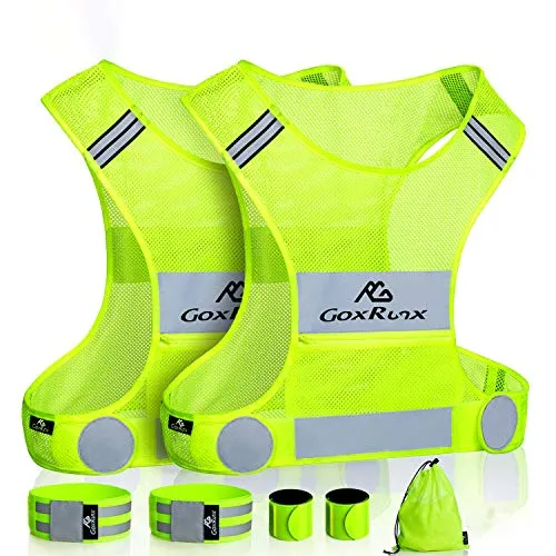 2 Pack Reflective Vest Running Gear, Ultralight & Comfy Cycling Reflective Vests with Large Pocket & Adjustable Waist for Women Men, Night Runner Safety Vest   Hi Vis Armbands & Bag(Medium)