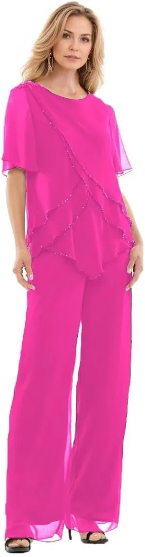 2 Pieces Mother of The Bride Pant Suits Chiffon Ruffle Layers Formal Sets Beaded Wedding Guest Outfits