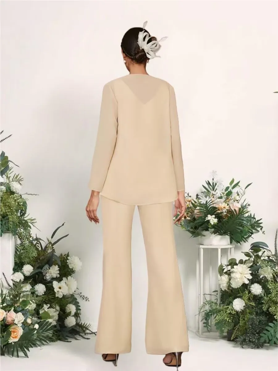3 Piece Chiffon Mother of The Bride Pantsuits with Jacket Long Sleeve Formal Outfits Sequin Applique Cocktail Pant Suits