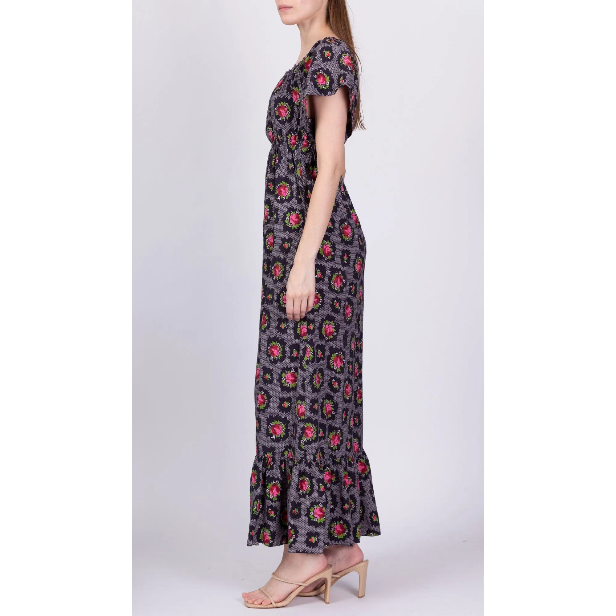 70s Rose & Lattice Print Boho Peasant Dress - Extra Small