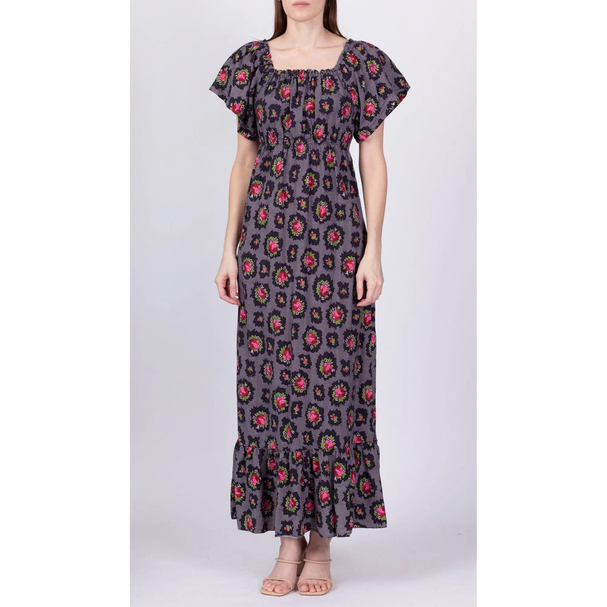 70s Rose & Lattice Print Boho Peasant Dress - Extra Small