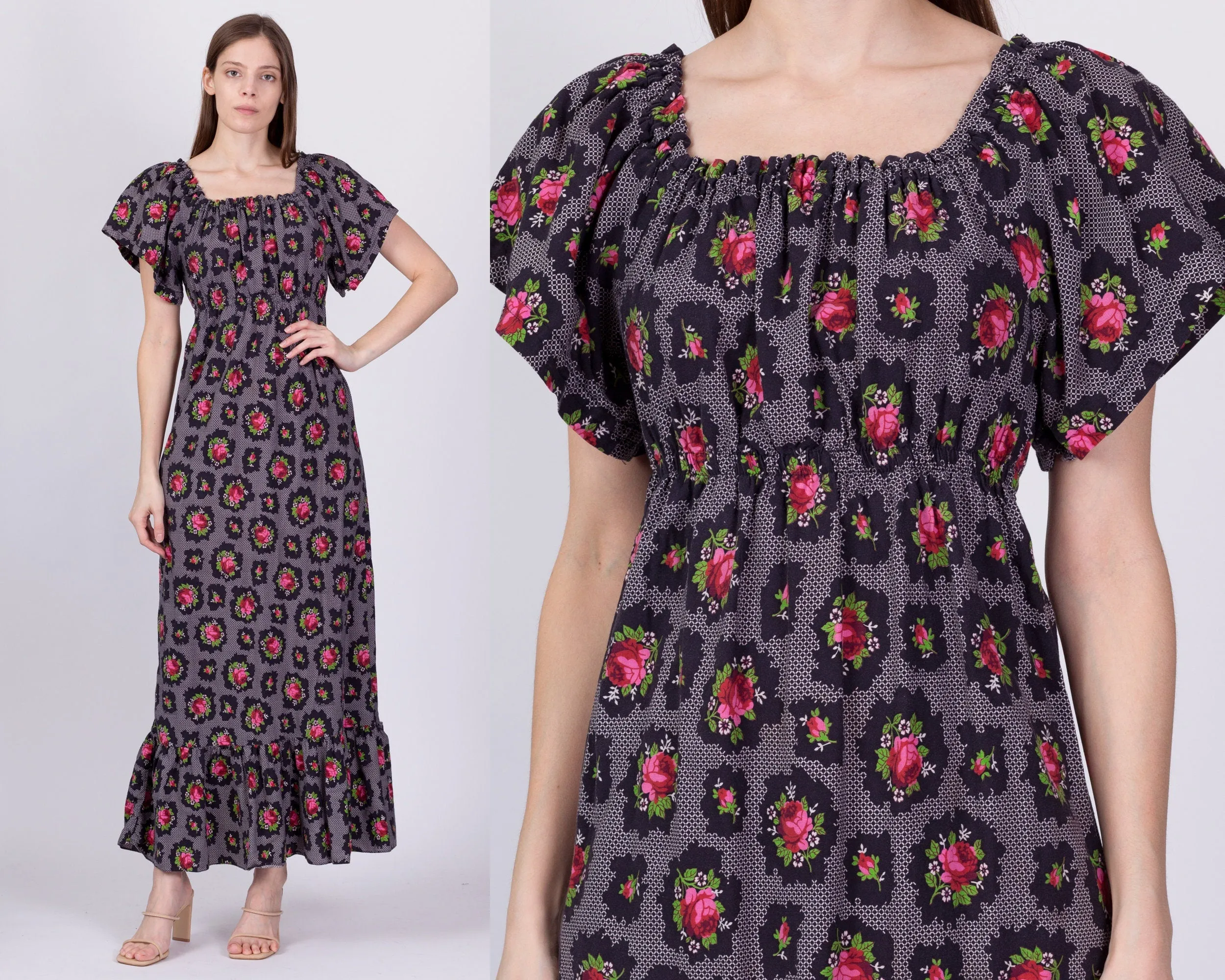 70s Rose & Lattice Print Boho Peasant Dress - Extra Small