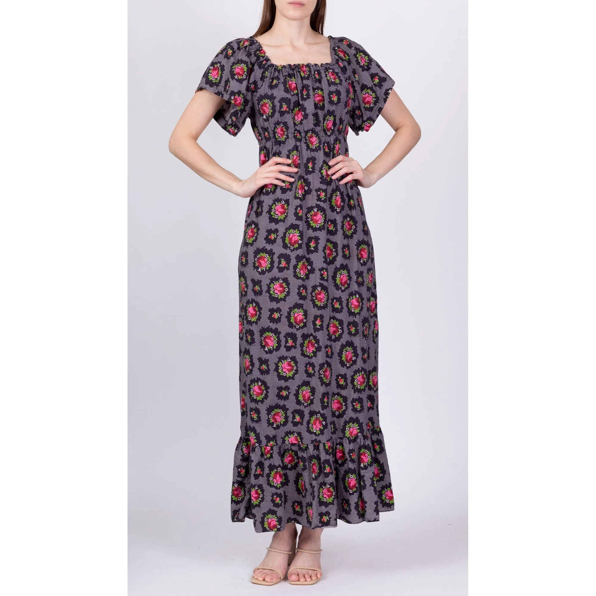 70s Rose & Lattice Print Boho Peasant Dress - Extra Small