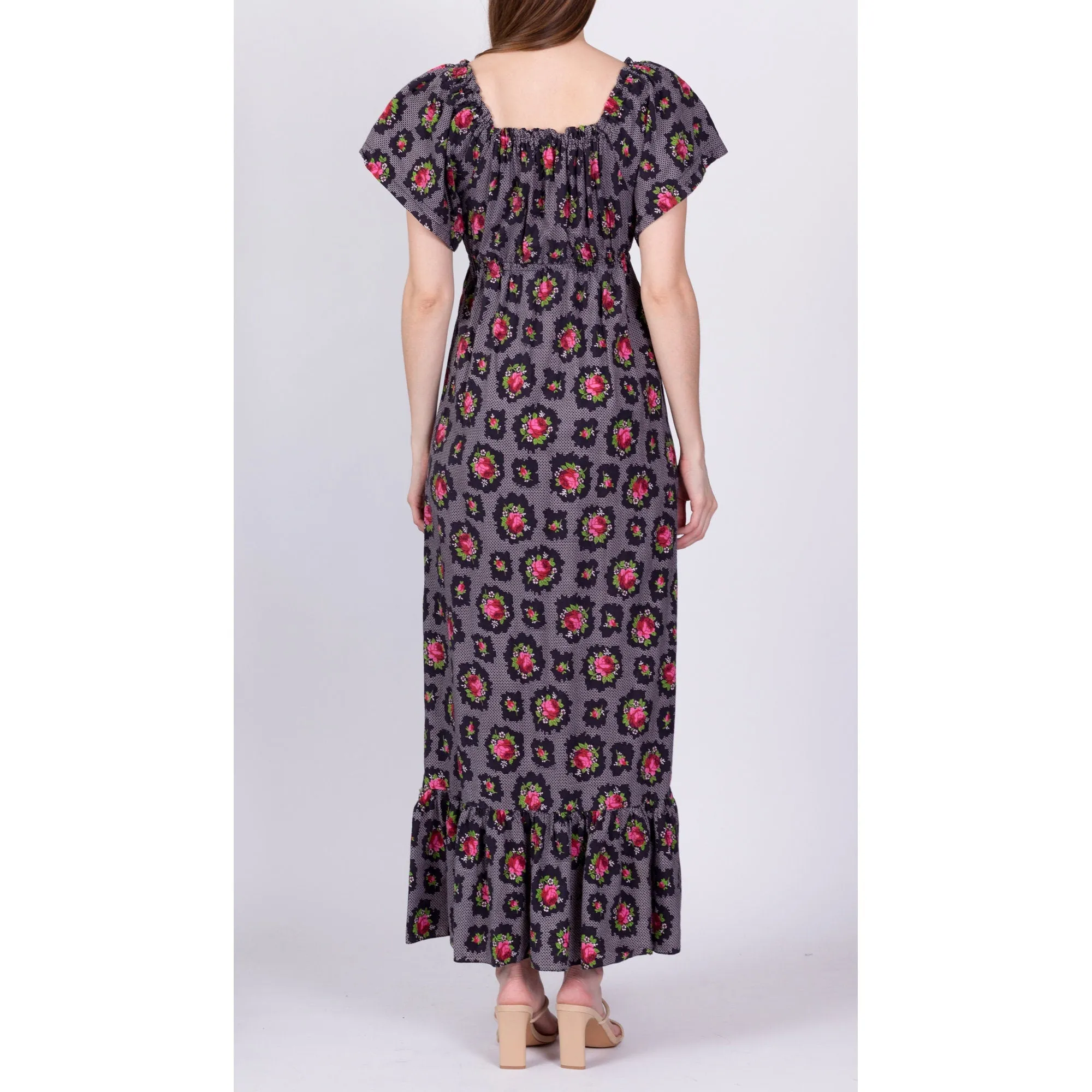 70s Rose & Lattice Print Boho Peasant Dress - Extra Small