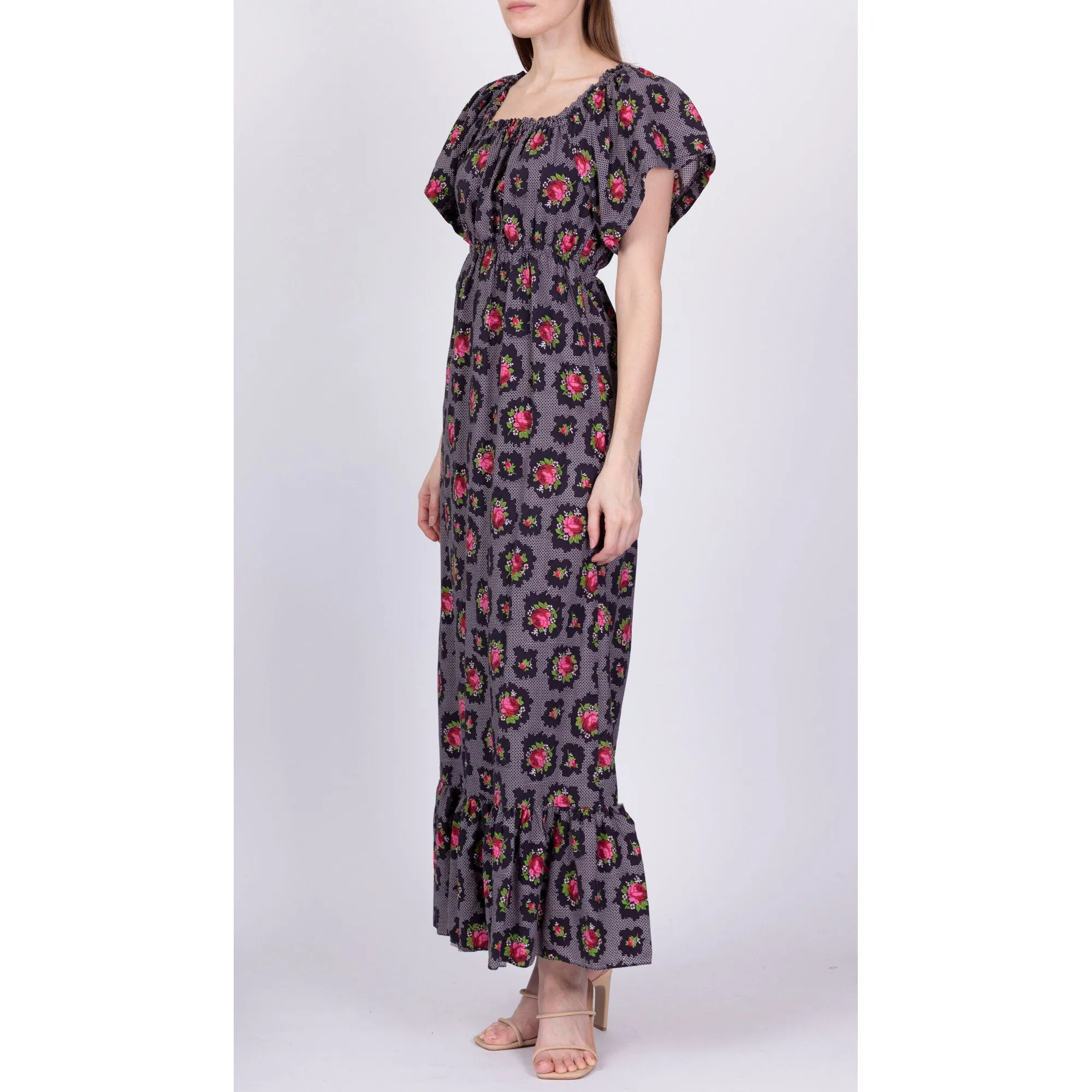 70s Rose & Lattice Print Boho Peasant Dress - Extra Small