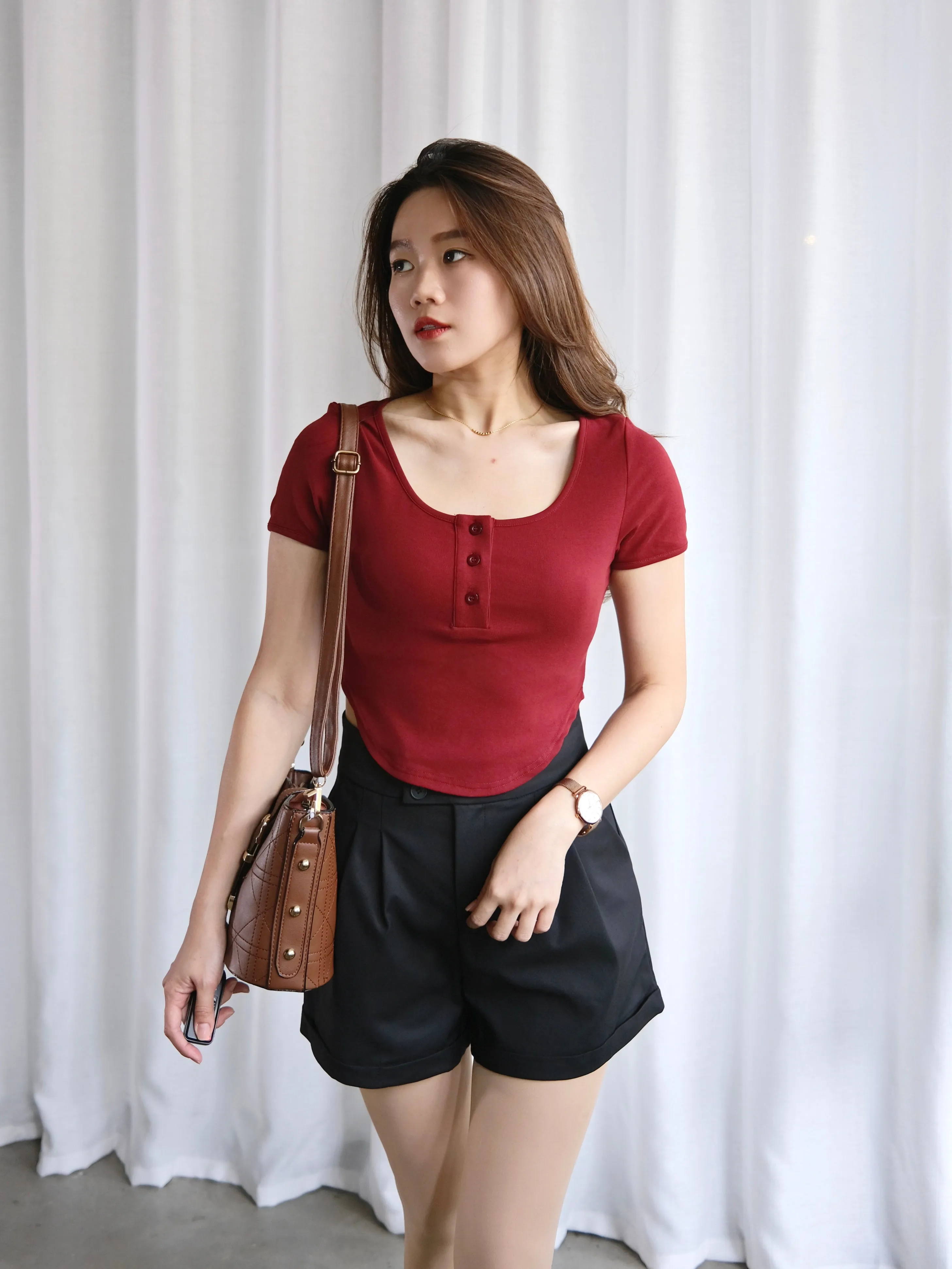 ACEWIN Button Front Round Neck and Hem Cotton T-Shirt (Size S-M) 110313