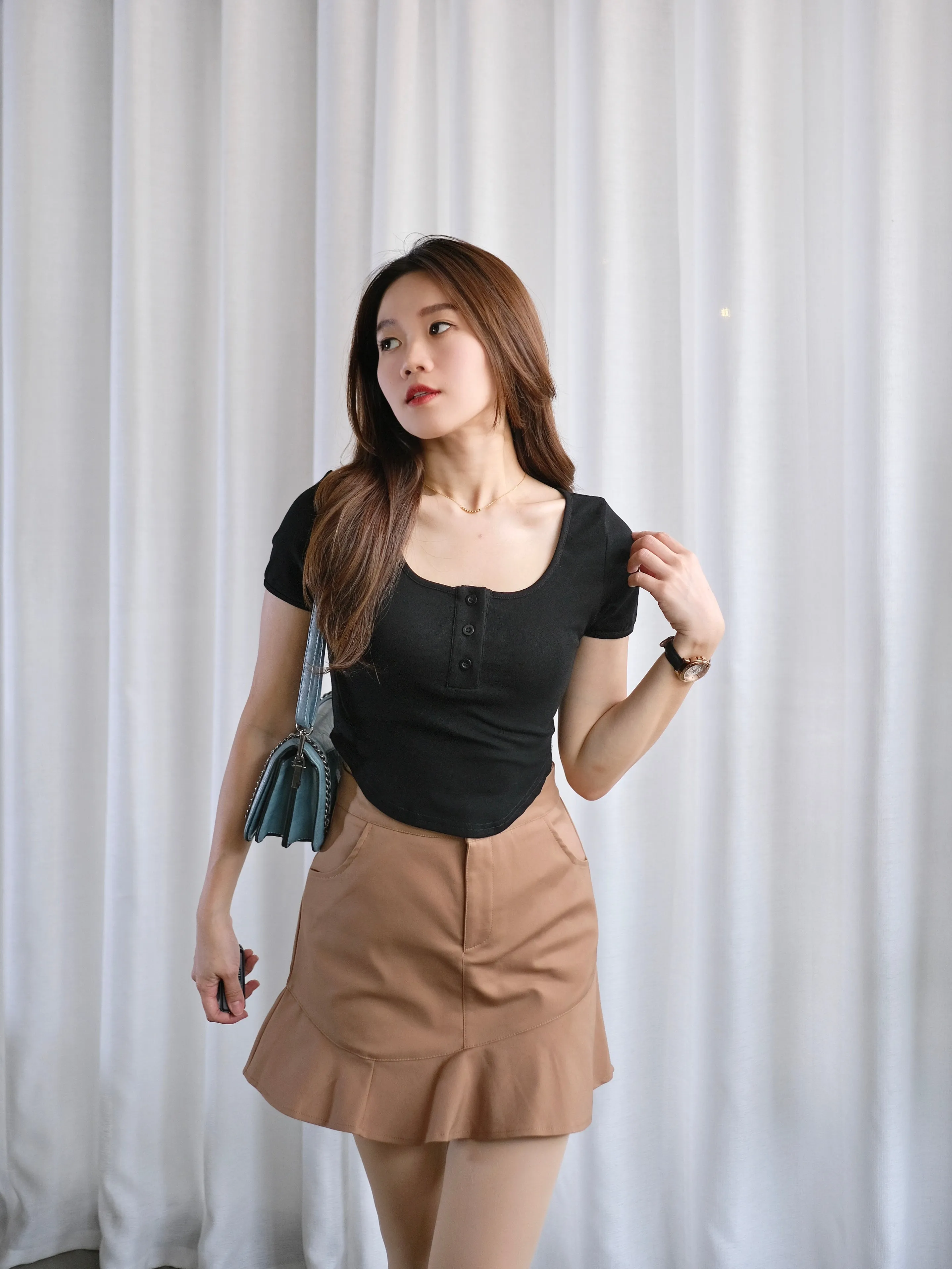 ACEWIN Button Front Round Neck and Hem Cotton T-Shirt (Size S-M) 110313