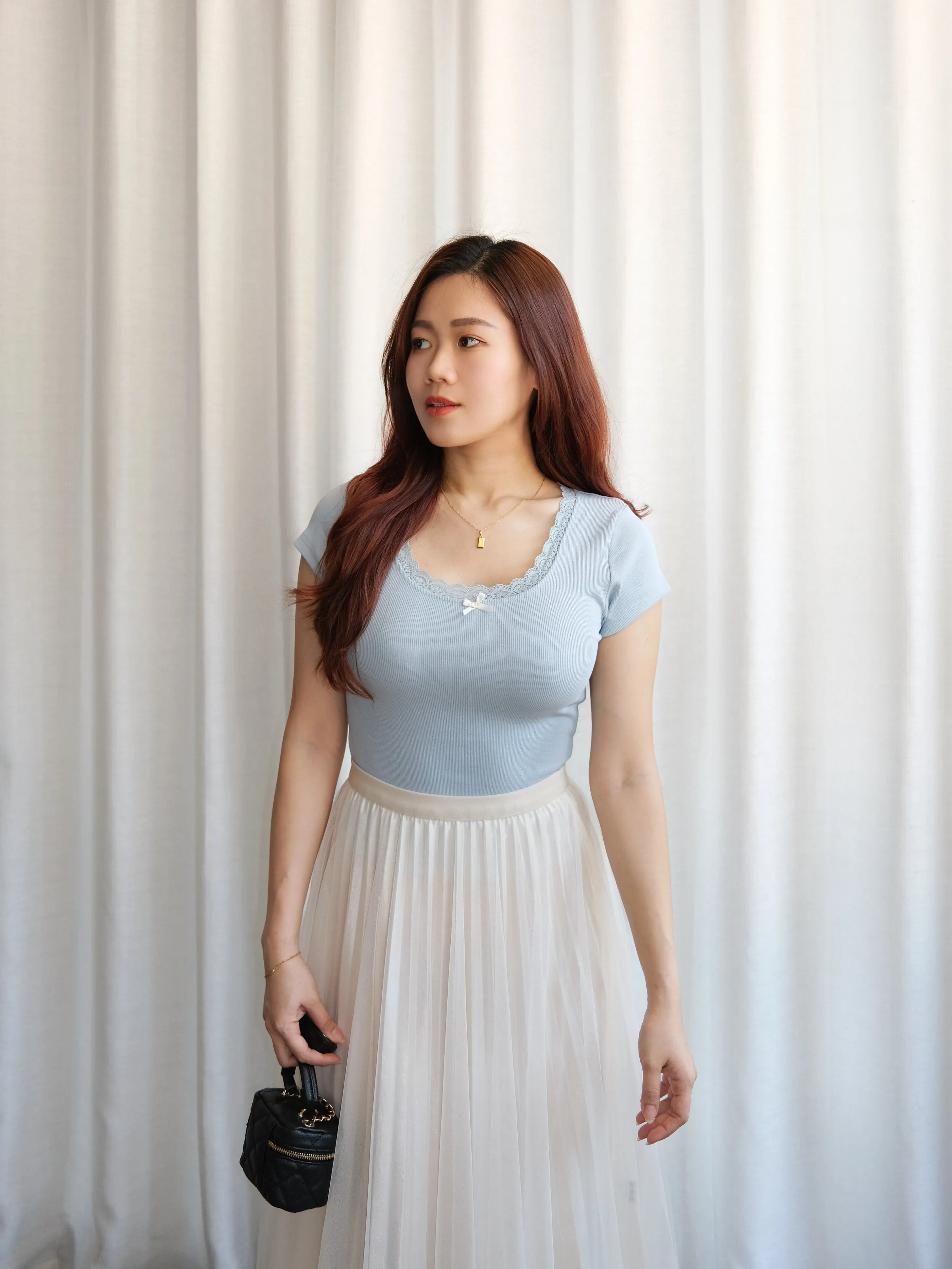 ACEWIN U-Neck Lace Edge Ribbon Detailed Top (Free Size) 110337