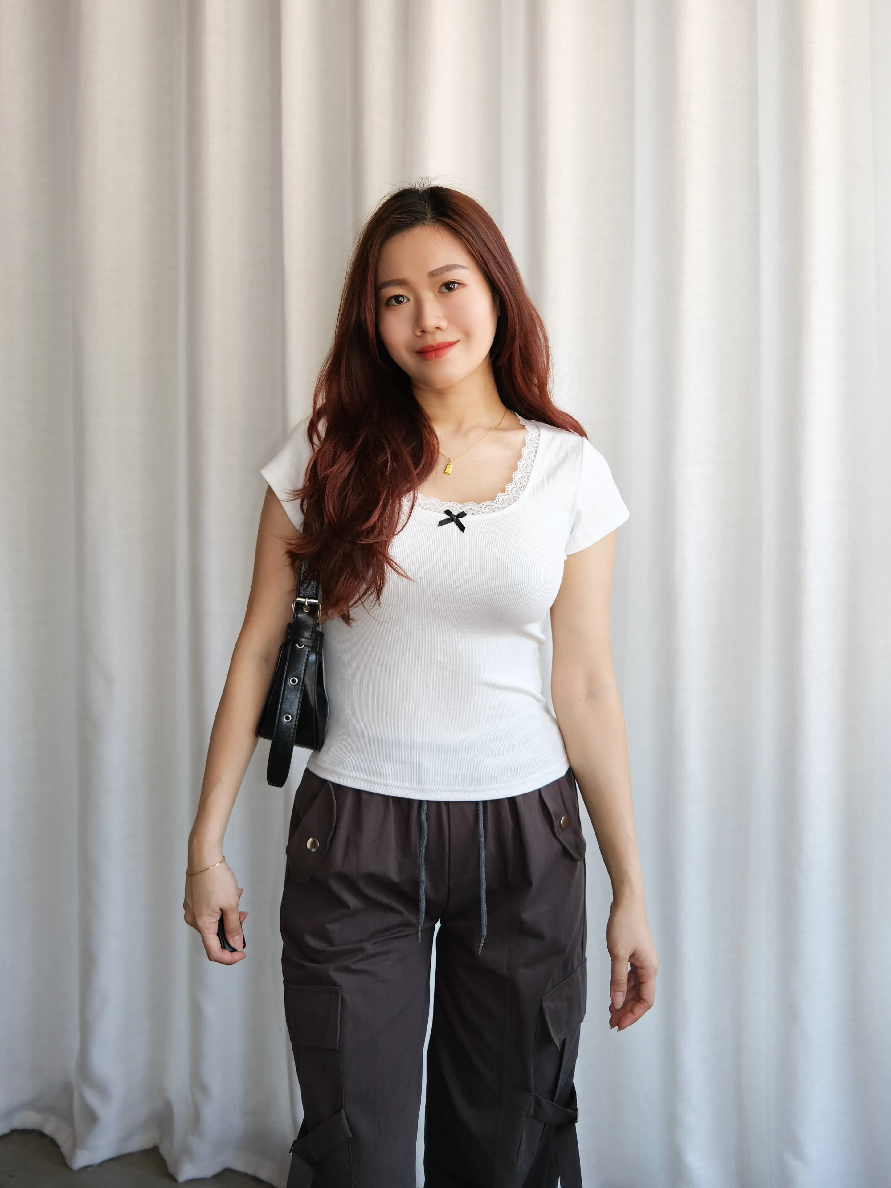 ACEWIN U-Neck Lace Edge Ribbon Detailed Top (Free Size) 110337