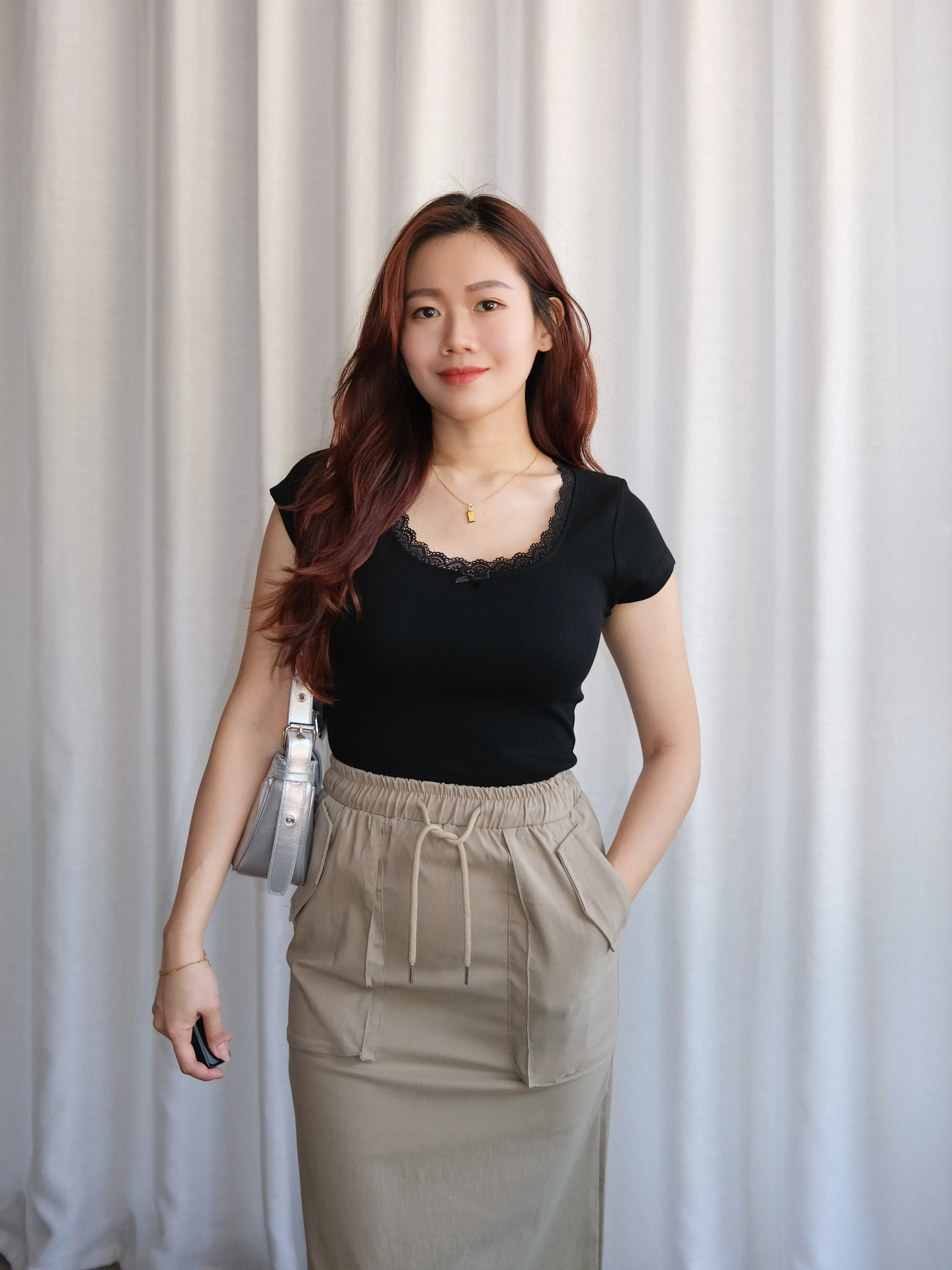 ACEWIN U-Neck Lace Edge Ribbon Detailed Top (Free Size) 110337