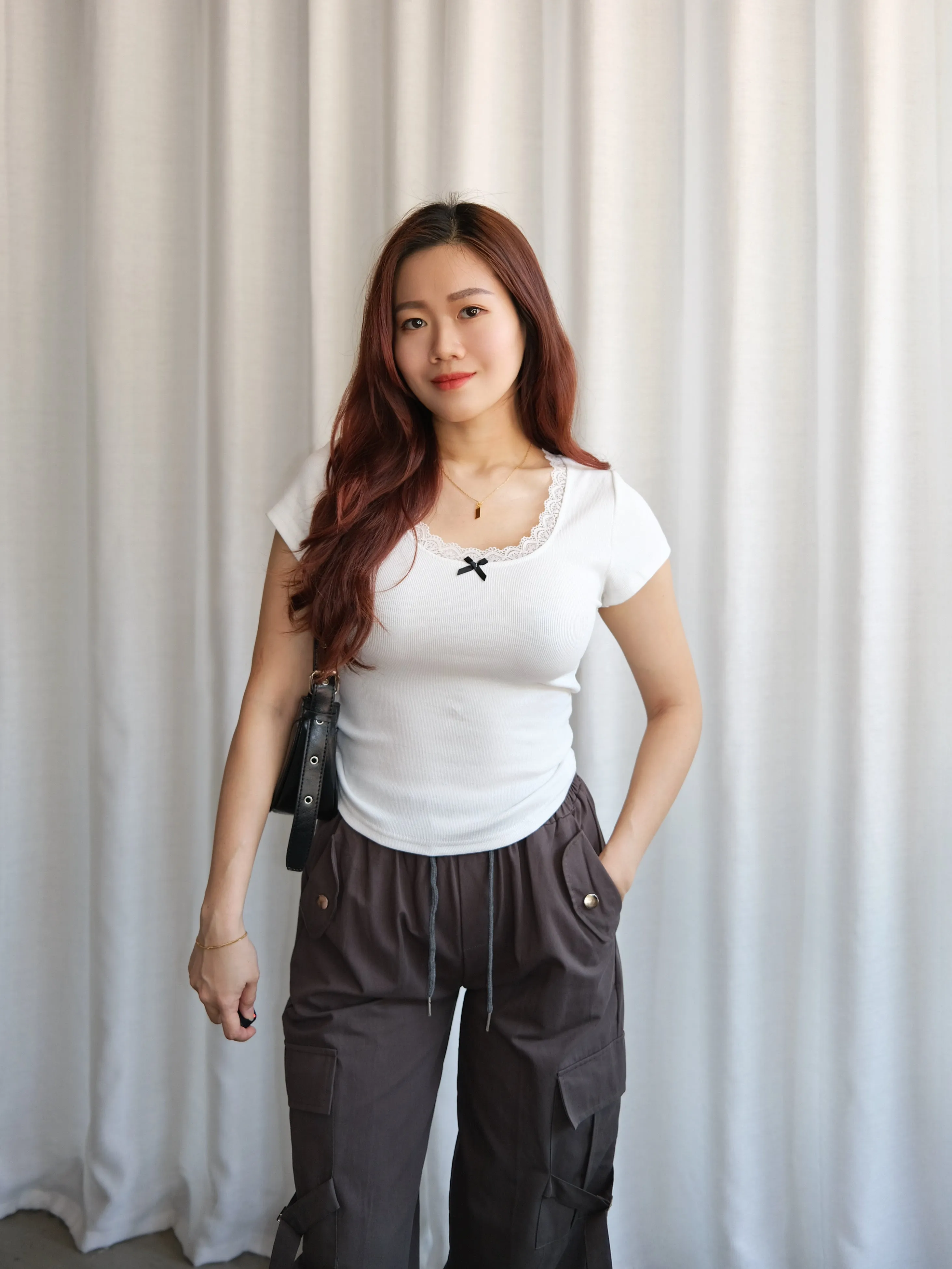 ACEWIN U-Neck Lace Edge Ribbon Detailed Top (Free Size) 110337