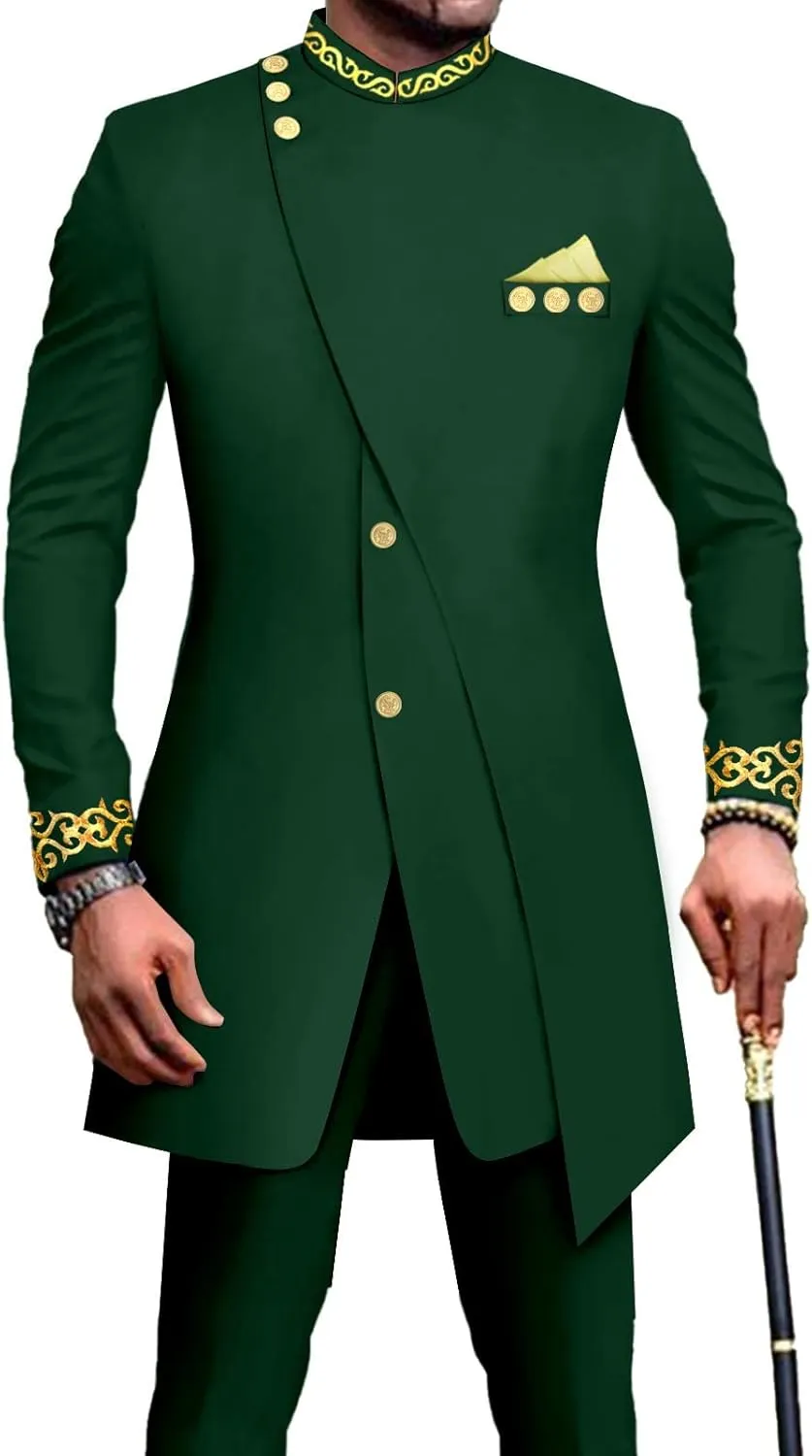 African Suits for Men Slim Fit Embroidery Blazer and Pants Set Business Dress Suit Party Wedding Evening