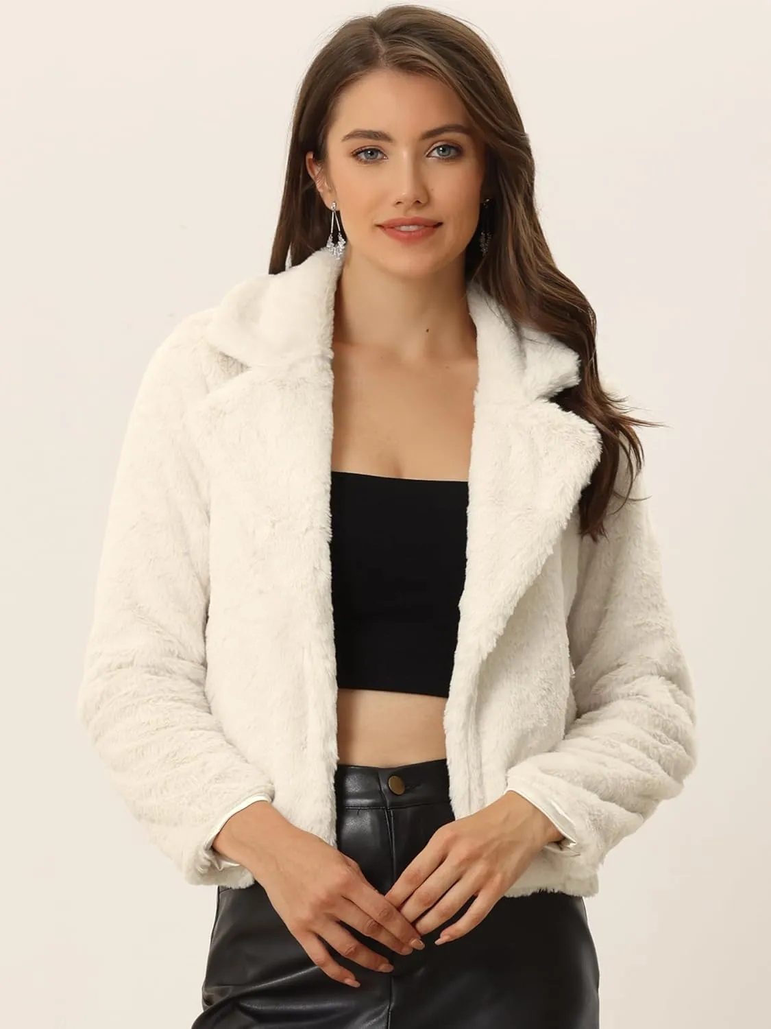Allegra K Women's Cropped Faux Fur Jacket Lapel Cardigan Shrug 2024 Winter Fluffy Faux Fur Coat