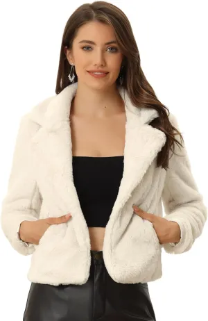 Allegra K Women's Cropped Faux Fur Jacket Lapel Cardigan Shrug 2024 Winter Fluffy Faux Fur Coat