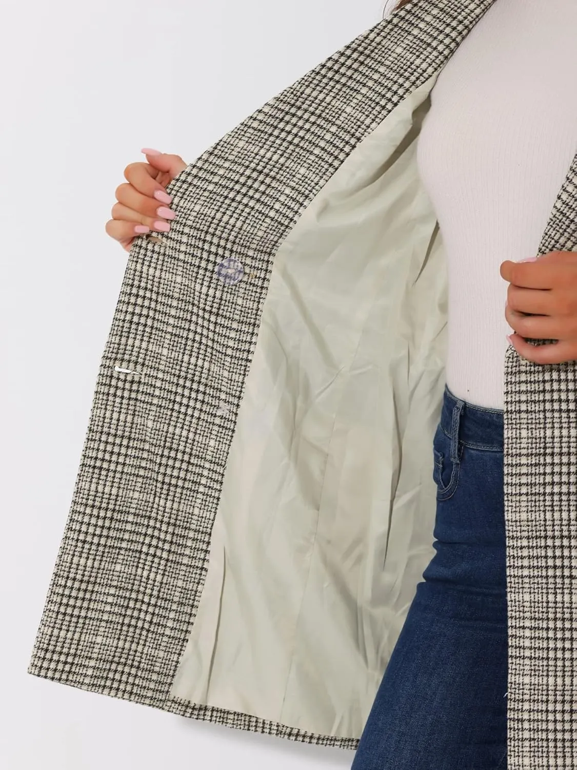 Allegra K Women's Double Breasted Notched Lapel Plaid Trench Blazer Coat