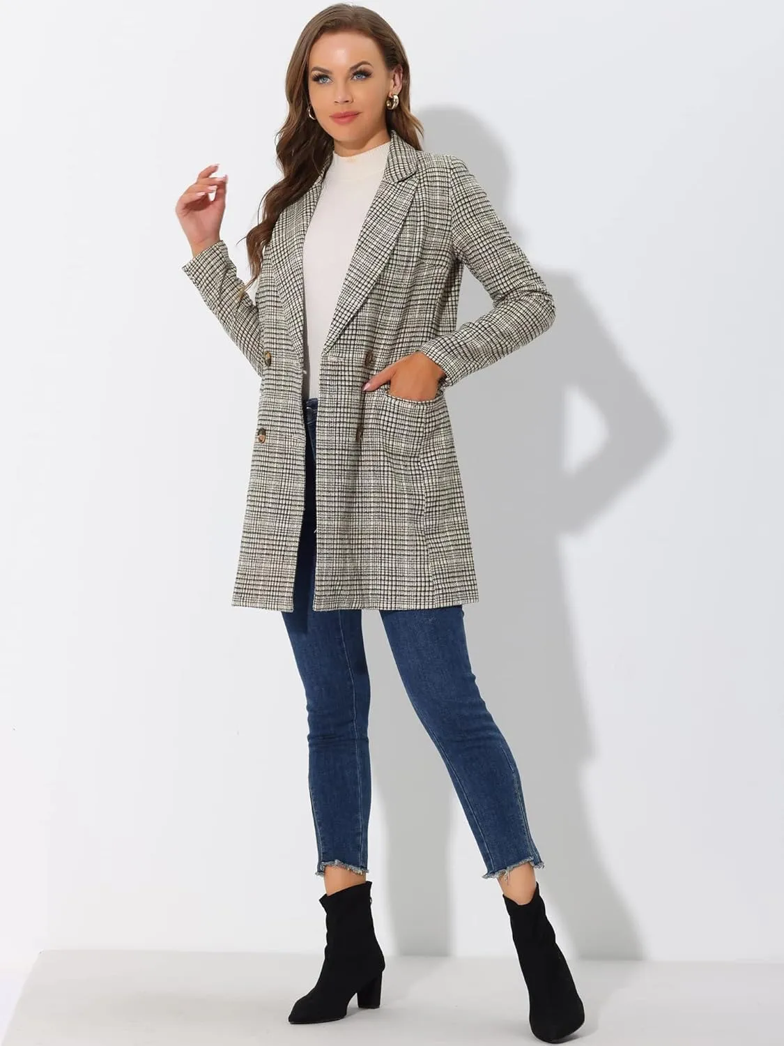 Allegra K Women's Double Breasted Notched Lapel Plaid Trench Blazer Coat