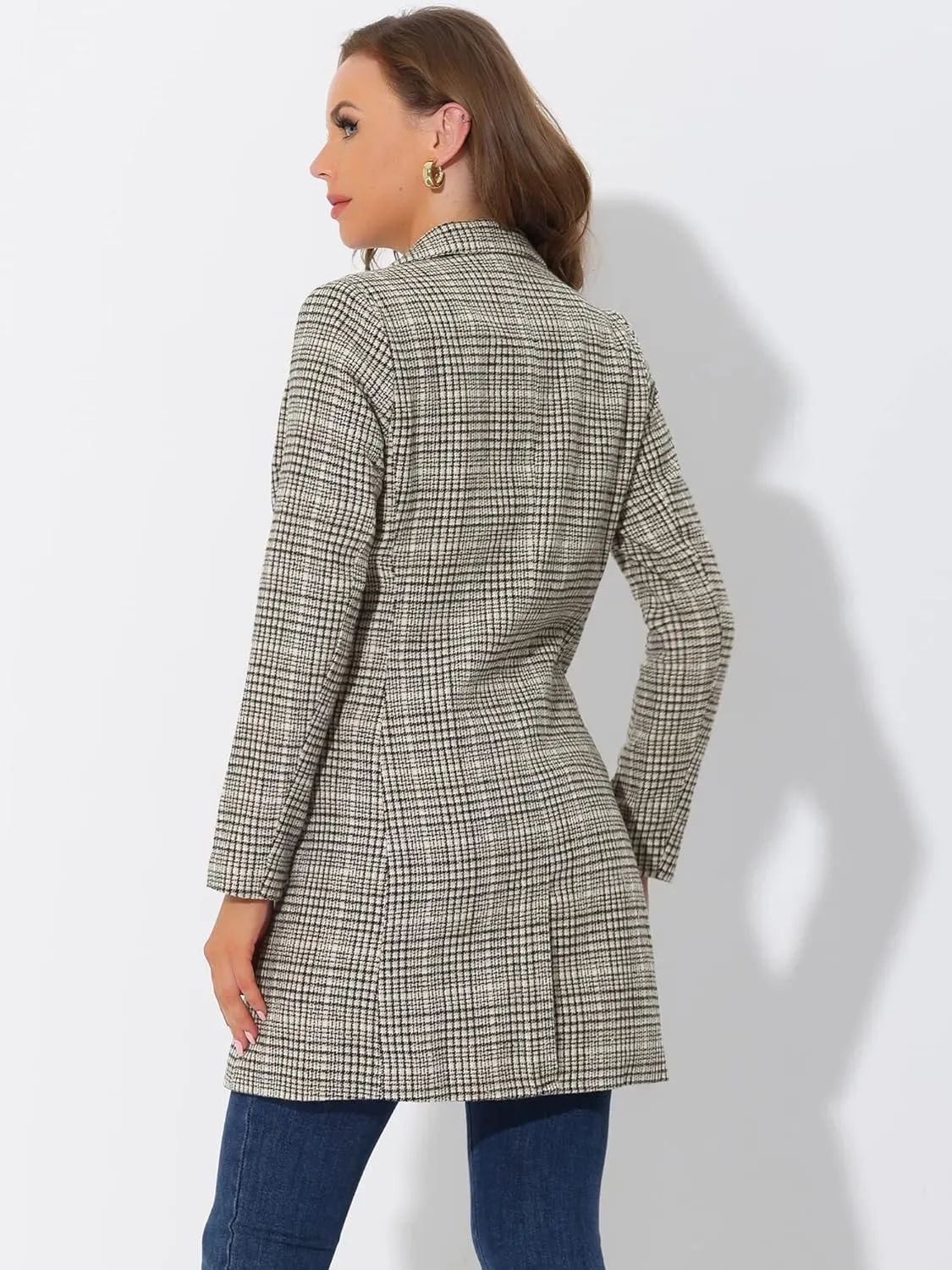 Allegra K Women's Double Breasted Notched Lapel Plaid Trench Blazer Coat