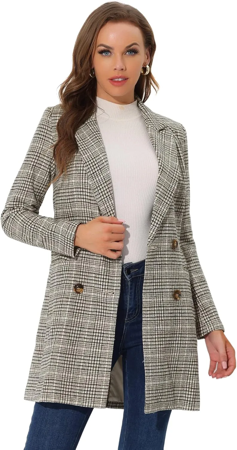 Allegra K Women's Double Breasted Notched Lapel Plaid Trench Blazer Coat