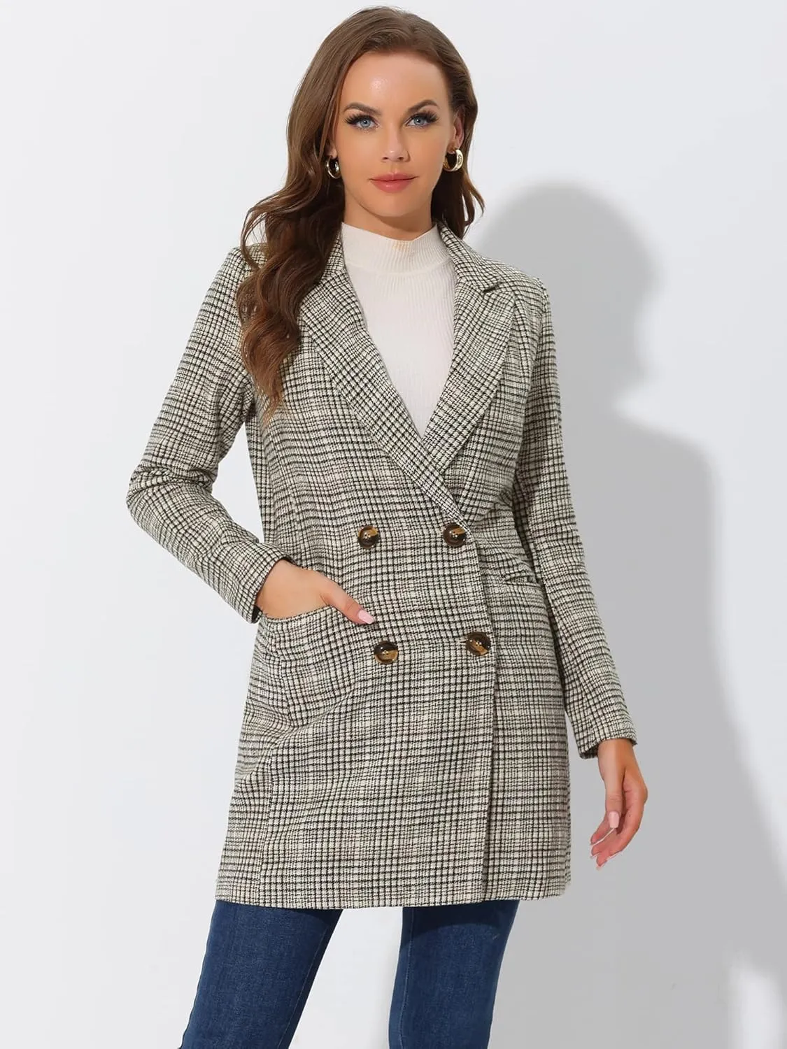 Allegra K Women's Double Breasted Notched Lapel Plaid Trench Blazer Coat