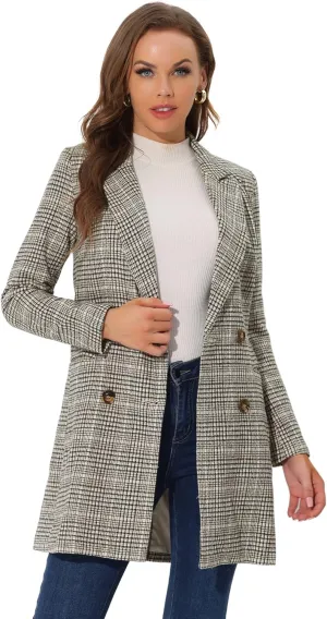 Allegra K Women's Double Breasted Notched Lapel Plaid Trench Blazer Coat