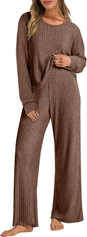 ANRABESS Women 2 Piece Lounge Pajamas Sets Casual Ribbed Knit Long Sleeve Top Pants Matching Set 2025 Fall Outfits Clothes