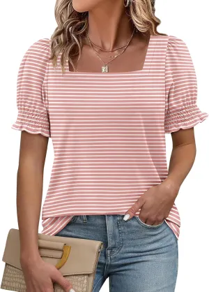 ATHMILE Womens Summer Tops Square Neck Dressy Casual Ruffle Trim Sleeve Cute T Shirts Trendy Clothes