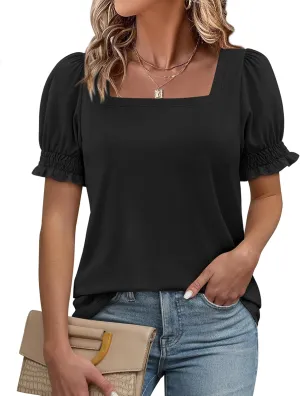 ATHMILE Womens Summer Tops Square Neck Dressy Casual Ruffle Trim Sleeve Cute T Shirts Trendy Clothes