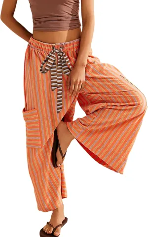 Bankeng Women's Striped Palazzo Pants - Loose Wide Leg Lounge Trousers with Pockets (Orange, L)