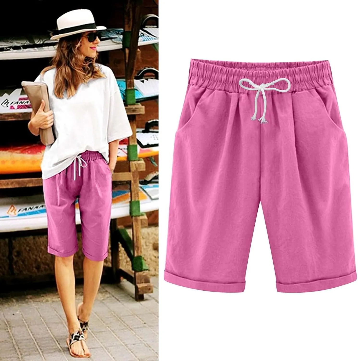 Bermuda Shorts for Women Cotton Linen Casual Plus Size Elastic High Waisted Loose Drawstring Summer 2025 Beach Pants