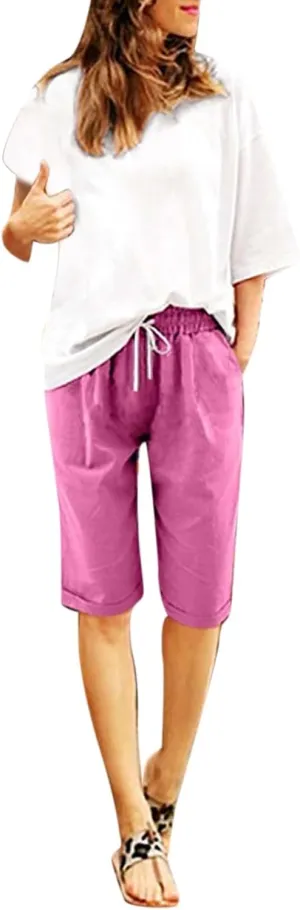 Bermuda Shorts for Women Cotton Linen Casual Plus Size Elastic High Waisted Loose Drawstring Summer 2025 Beach Pants
