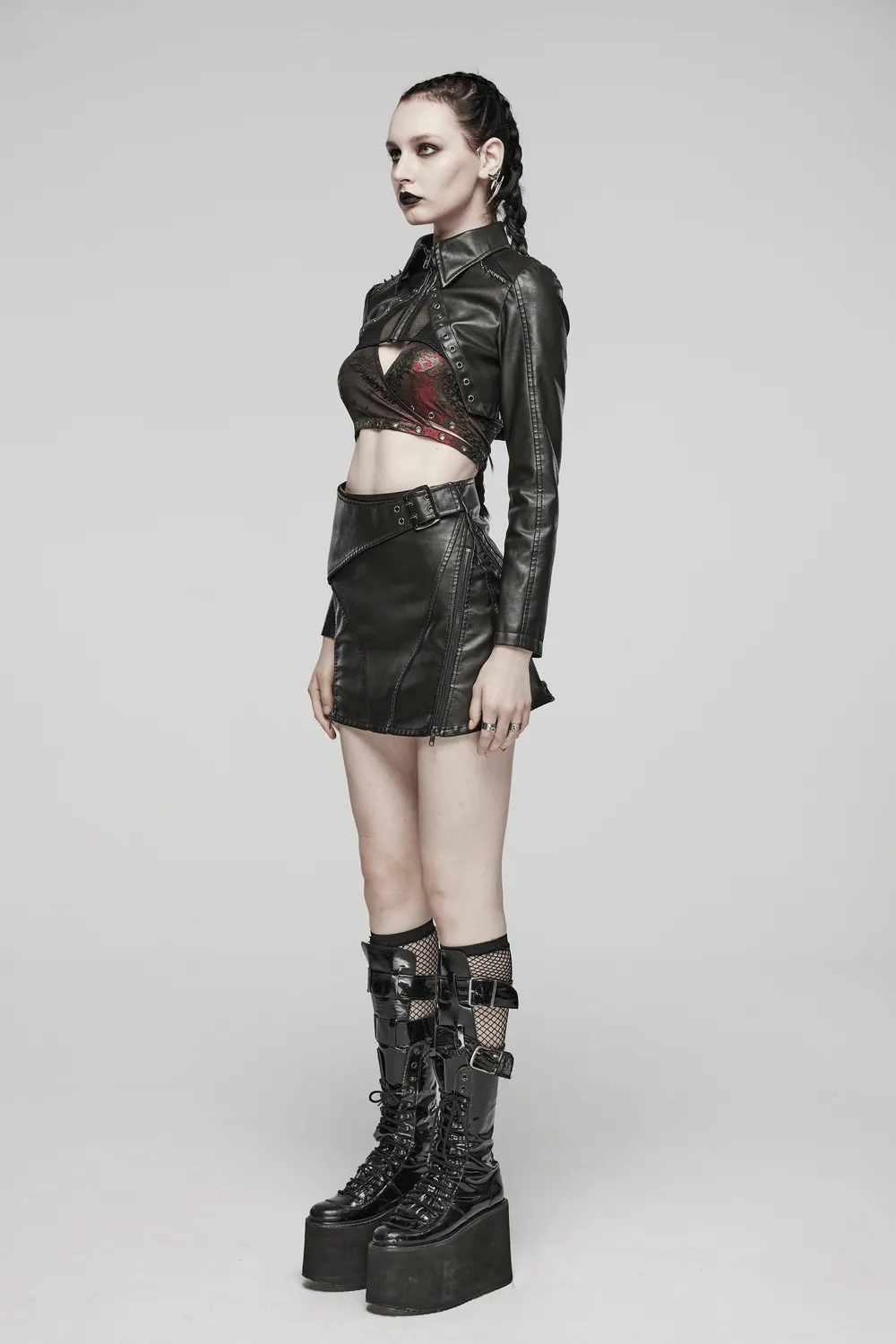 Black Faux Leather Punk Jacket with Mesh And Spikes
