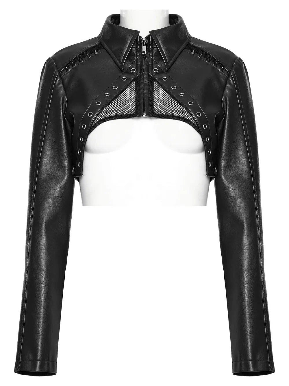 Black Faux Leather Punk Jacket with Mesh And Spikes