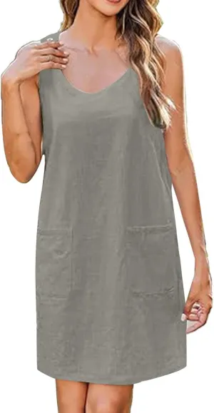 Boho Dress for Women Summer Solid Color Round Neck Sleeveless Mini Dress Casual Button Strap Sundresses with Pockets