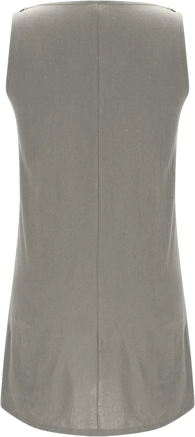 Boho Dress for Women Summer Solid Color Round Neck Sleeveless Mini Dress Casual Button Strap Sundresses with Pockets