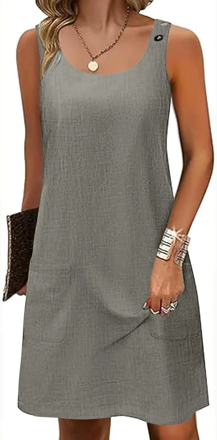 Boho Dress for Women Summer Solid Color Round Neck Sleeveless Mini Dress Casual Button Strap Sundresses with Pockets