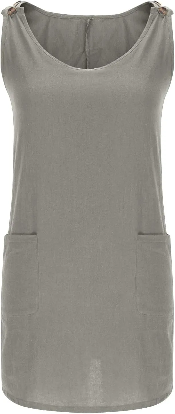 Boho Dress for Women Summer Solid Color Round Neck Sleeveless Mini Dress Casual Button Strap Sundresses with Pockets