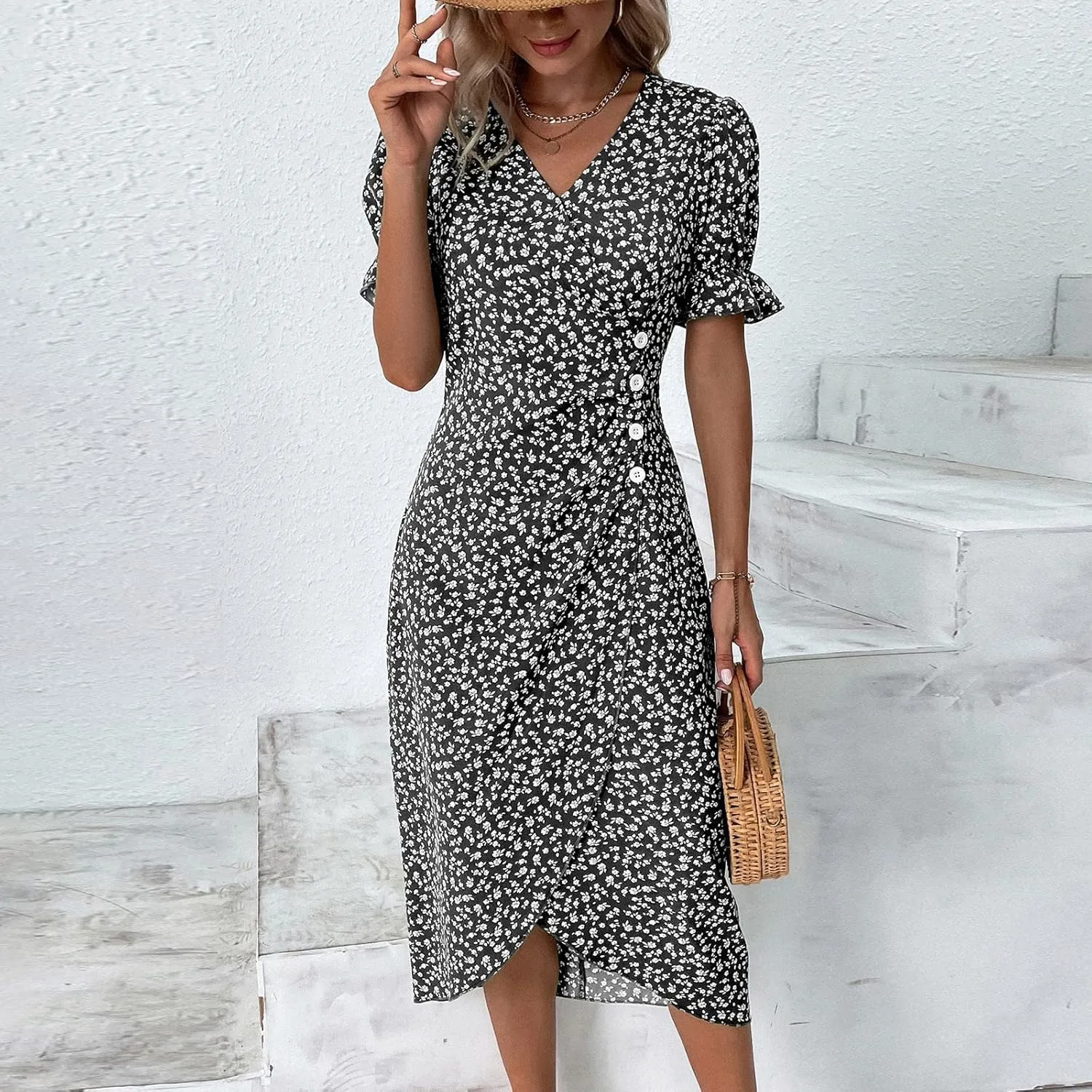 Boho Dresses for Women 2024 Summer Floral Print V Neck Maxi Wrap Dress Hawaiian Beach Tropical Flowy Dress