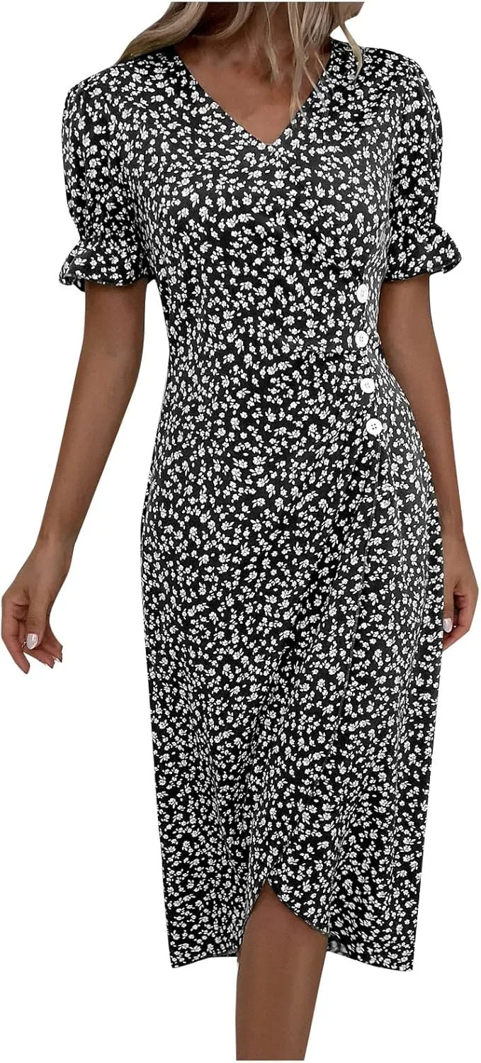 Boho Dresses for Women 2024 Summer Floral Print V Neck Maxi Wrap Dress Hawaiian Beach Tropical Flowy Dress