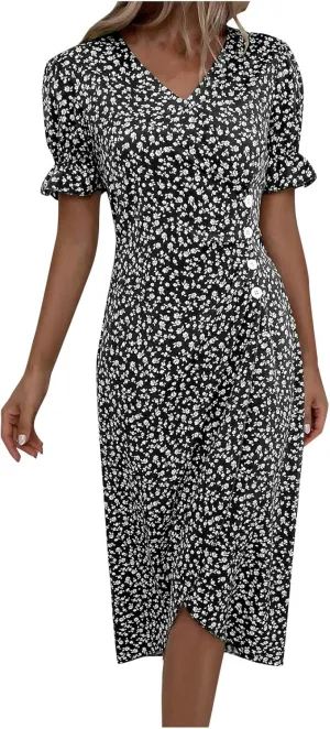 Boho Dresses for Women 2024 Summer Floral Print V Neck Maxi Wrap Dress Hawaiian Beach Tropical Flowy Dress
