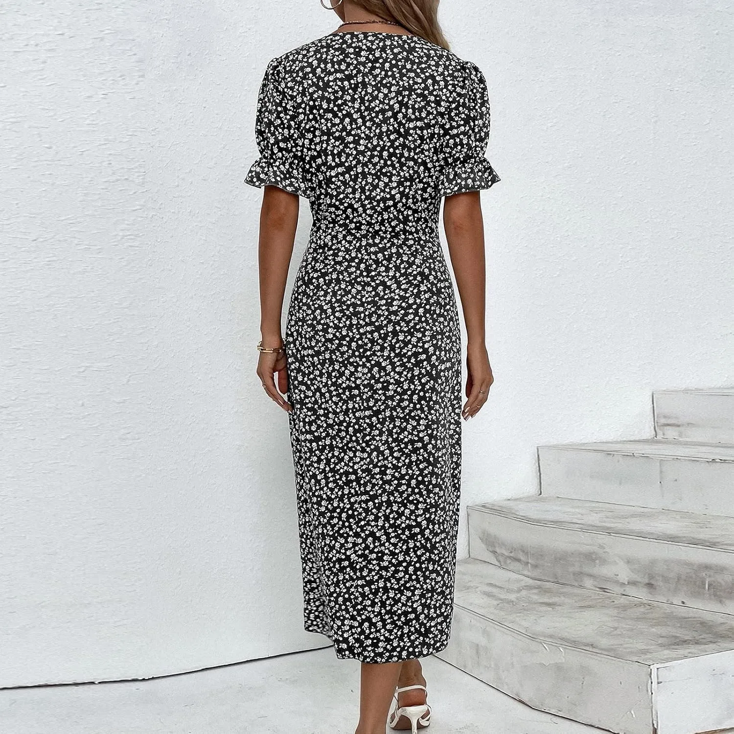 Boho Dresses for Women 2024 Summer Floral Print V Neck Maxi Wrap Dress Hawaiian Beach Tropical Flowy Dress