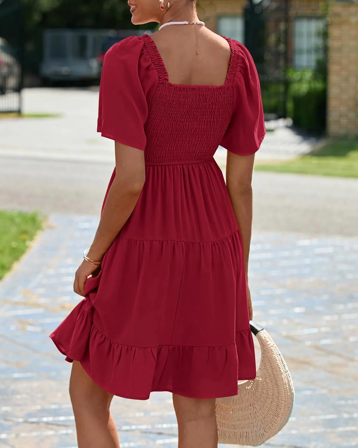 BTFBM Women's Summer Smocked Mini Dress Square Neck Flutter Sleeve Casual Ruffle Flared Swing Boho Beach Dresses Pockets
