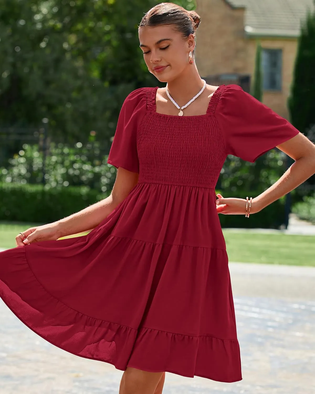 BTFBM Women's Summer Smocked Mini Dress Square Neck Flutter Sleeve Casual Ruffle Flared Swing Boho Beach Dresses Pockets