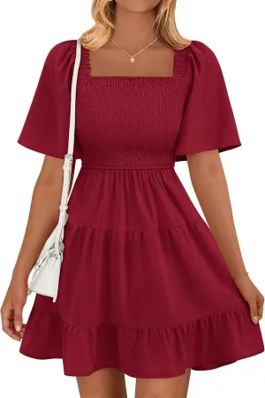 BTFBM Women's Summer Smocked Mini Dress Square Neck Flutter Sleeve Casual Ruffle Flared Swing Boho Beach Dresses Pockets