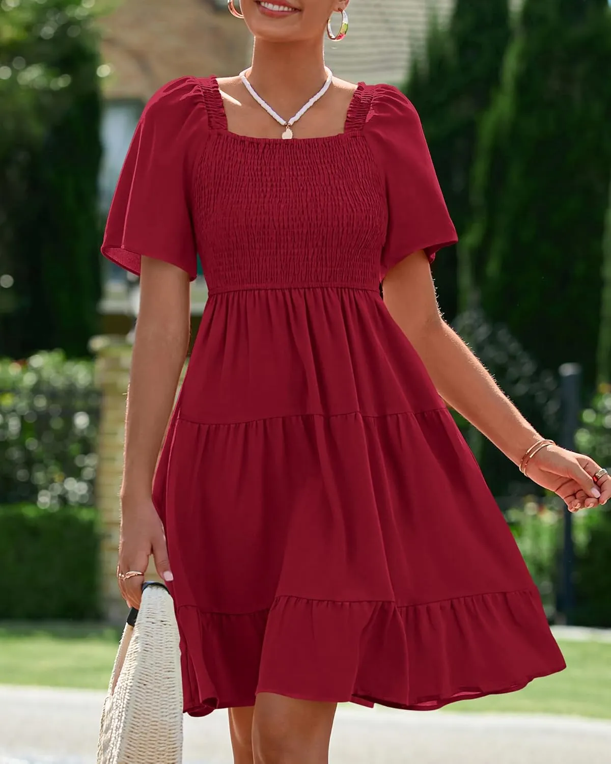 BTFBM Women's Summer Smocked Mini Dress Square Neck Flutter Sleeve Casual Ruffle Flared Swing Boho Beach Dresses Pockets