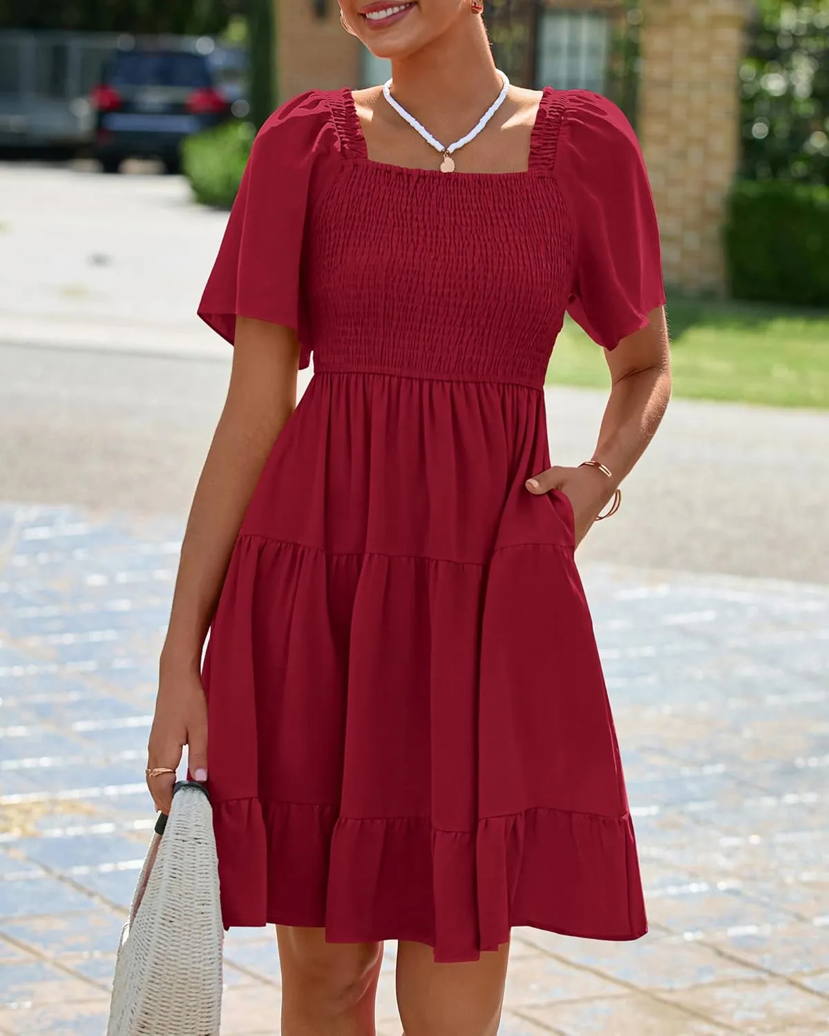 BTFBM Women's Summer Smocked Mini Dress Square Neck Flutter Sleeve Casual Ruffle Flared Swing Boho Beach Dresses Pockets