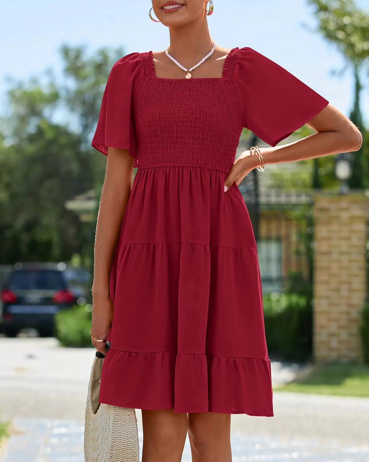 BTFBM Women's Summer Smocked Mini Dress Square Neck Flutter Sleeve Casual Ruffle Flared Swing Boho Beach Dresses Pockets