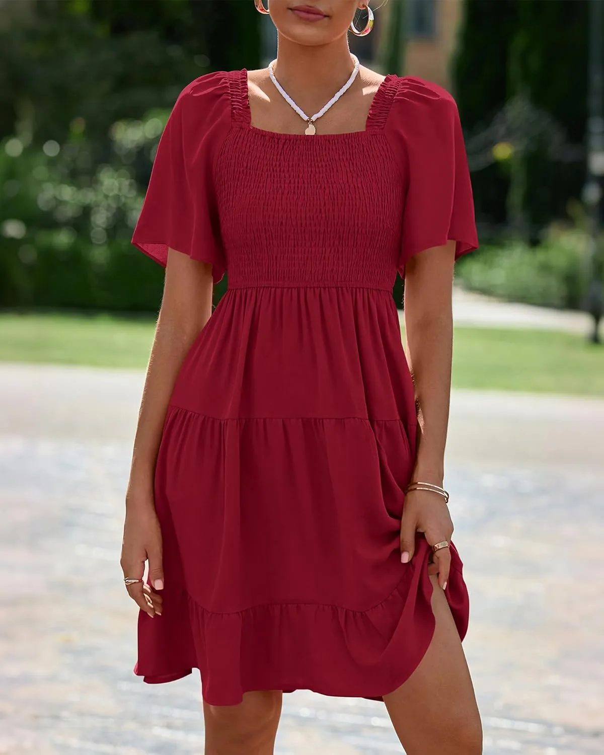 BTFBM Women's Summer Smocked Mini Dress Square Neck Flutter Sleeve Casual Ruffle Flared Swing Boho Beach Dresses Pockets