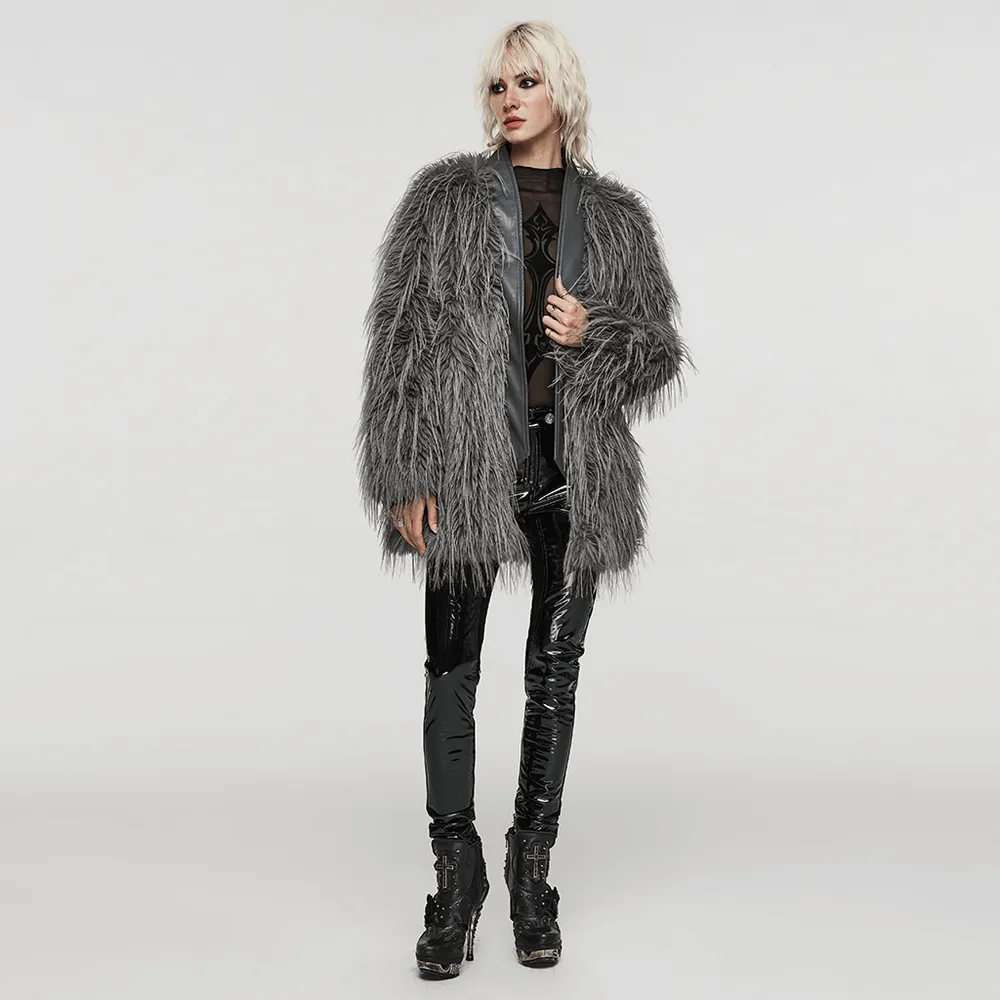 Chic Staggered Faux Fur Coat with Leather Detailing