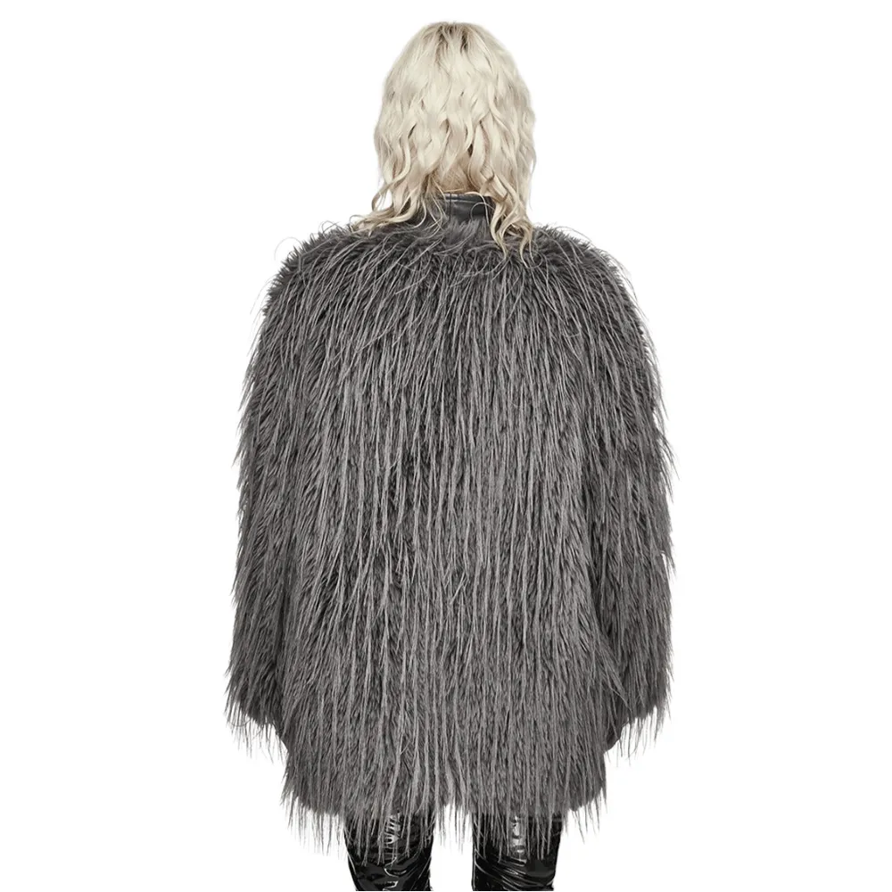 Chic Staggered Faux Fur Coat with Leather Detailing