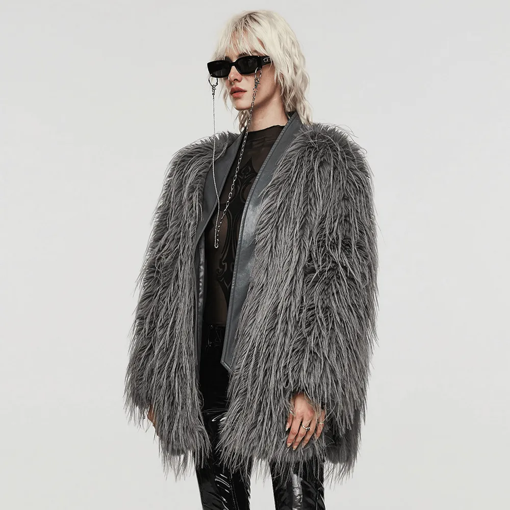 Chic Staggered Faux Fur Coat with Leather Detailing